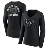 Houston Texans Women's Personalized Name & Number Monochrome Long Sleeve V-Neck T-Shirt Black