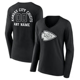 Kansas City Chiefs Women's Personalized Name & Number Monochrome Long Sleeve V-Neck T-Shirt Black