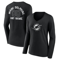 Miami Dolphins Women's Personalized Name & Number Monochrome Long Sleeve V-Neck T-Shirt Black