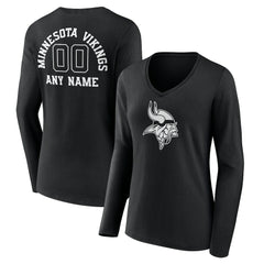 Minnesota Vikings Women's Personalized Name & Number Monochrome Long Sleeve V-Neck T-Shirt Black