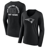 New England Patriots Women's Personalized Name & Number Monochrome Long Sleeve V-Neck T-Shirt Black