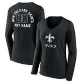 New Orleans Saints Women's Personalized Name & Number Monochrome Long Sleeve V-Neck T-Shirt Black
