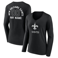New Orleans Saints Women's Personalized Name & Number Monochrome Long Sleeve V-Neck T-Shirt Black