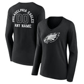 Philadelphia Eagles Women's Personalized Name & Number Monochrome Long Sleeve V-Neck T-Shirt Black