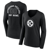 Pittsburgh Steelers Women's Personalized Name & Number Monochrome Long Sleeve V-Neck T-Shirt Black