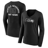 Seattle Seahawks Women's Personalized Name & Number Monochrome Long Sleeve V-Neck T-Shirt Black