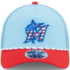 Miami Marlins New Era 2025 Fourth of July 9FORTY A-Frame M-Crown Adjustable Trucker Hat - Light Blue/Red - New Era on Sale