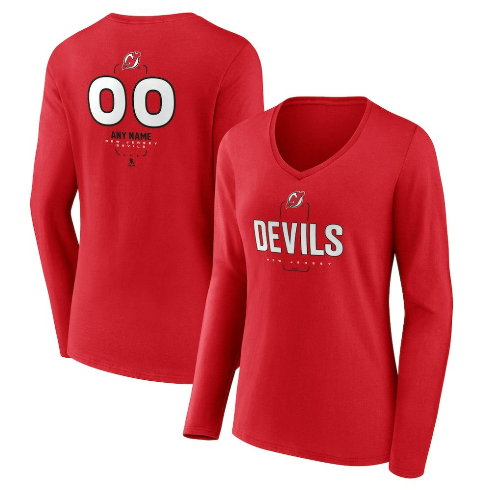 New Jersey Devils Women's Personalized Name & Number Midfielder Long Sleeve V-Neck T-Shirt - Red - NHL 202441194