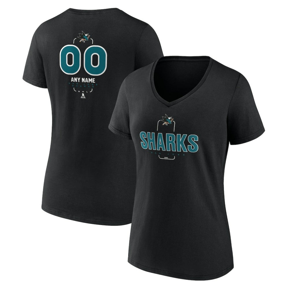 San Jose Sharks Women's Personalized Name & Number Midfielder V-Neck T-Shirt - Black - NHL 202441384