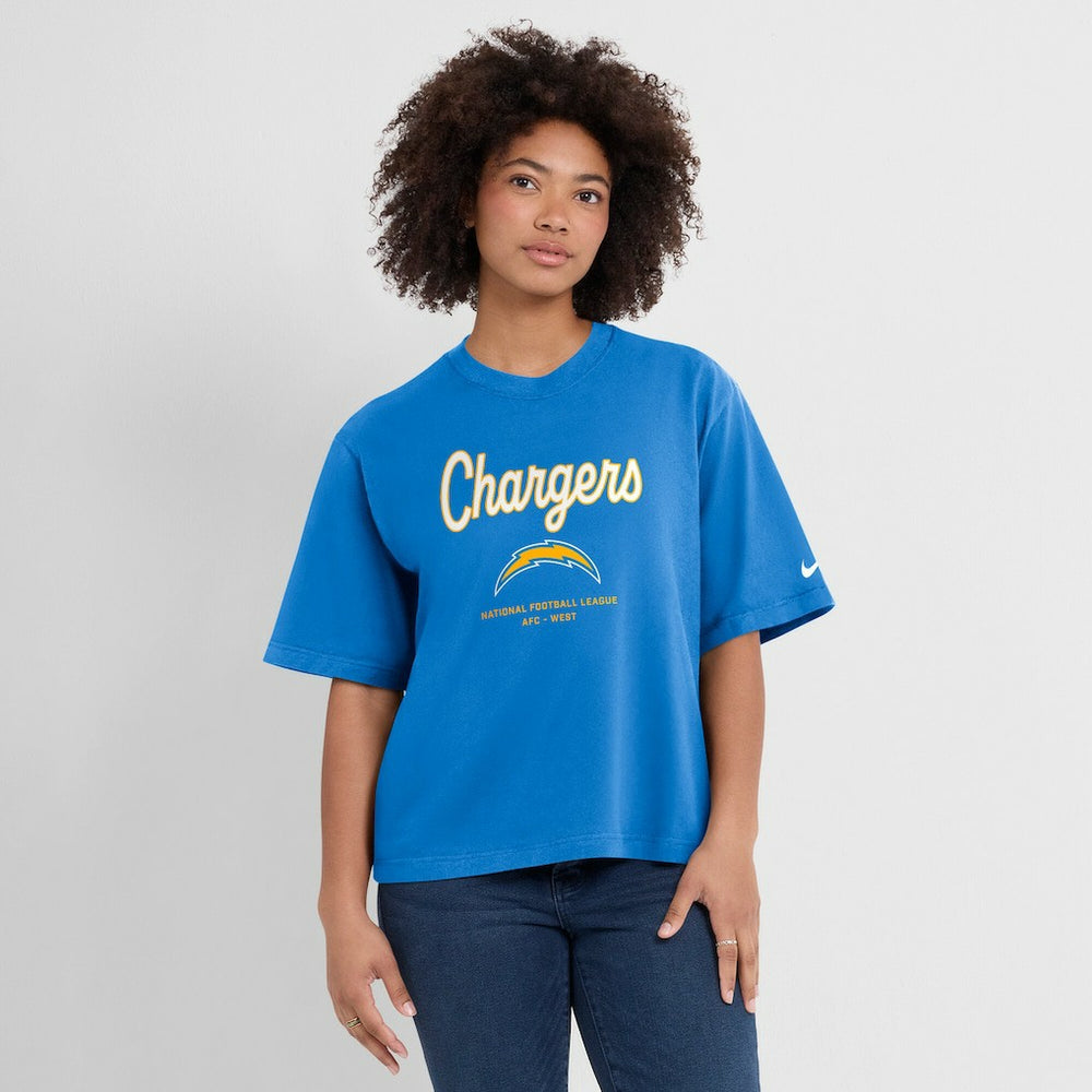 Nike Los Angeles Chargers Women's Essential Script Relaxed Boxy T-Shirt Powder Blue