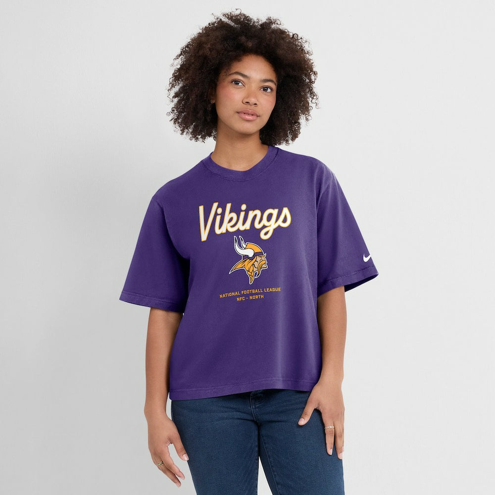 Nike Minnesota Vikings Women's Essential Script Relaxed Boxy T-Shirt Purple
