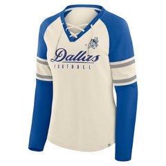 Fanatics Dallas Cowboys Women's Hometown Gridiron Hero Raglan Lace-Up V-Neck Long Sleeve T-Shirt Cream/Royal