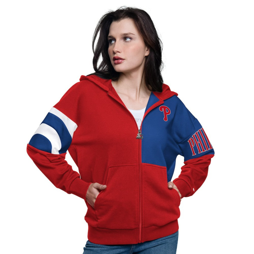 Philadelphia Phillies Starter Women's Curve Ball Full Zip Hoodie Sweatshirt - Red/Royal - MLB Discount