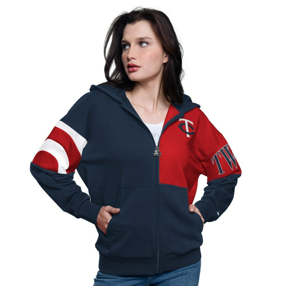 Minnesota Twins Starter Women's Curve Ball Full Zip Hoodie Sweatshirt - Navy/Red - MLB Online