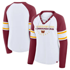 Fanatics Washington Commanders Women's Redzone Blitz Package Raglan Lace-Up V-Neck Long Sleeve T-Shirt White/Burgundy