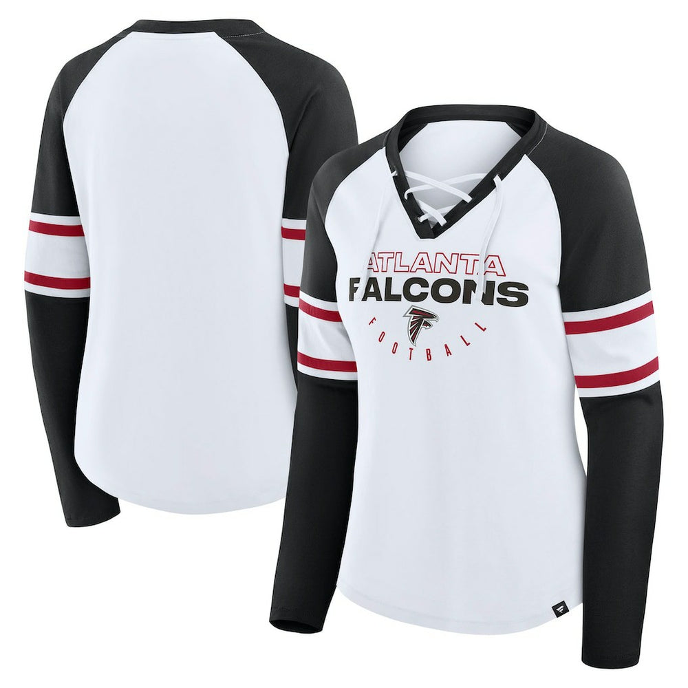Fanatics Atlanta Falcons Women's Redzone Blitz Package Raglan Lace-Up V-Neck Long Sleeve T-Shirt White/Black