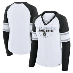 Fanatics Las Vegas Raiders Women's Redzone Blitz Package Raglan Lace-Up V-Neck Long Sleeve T-Shirt White/Black