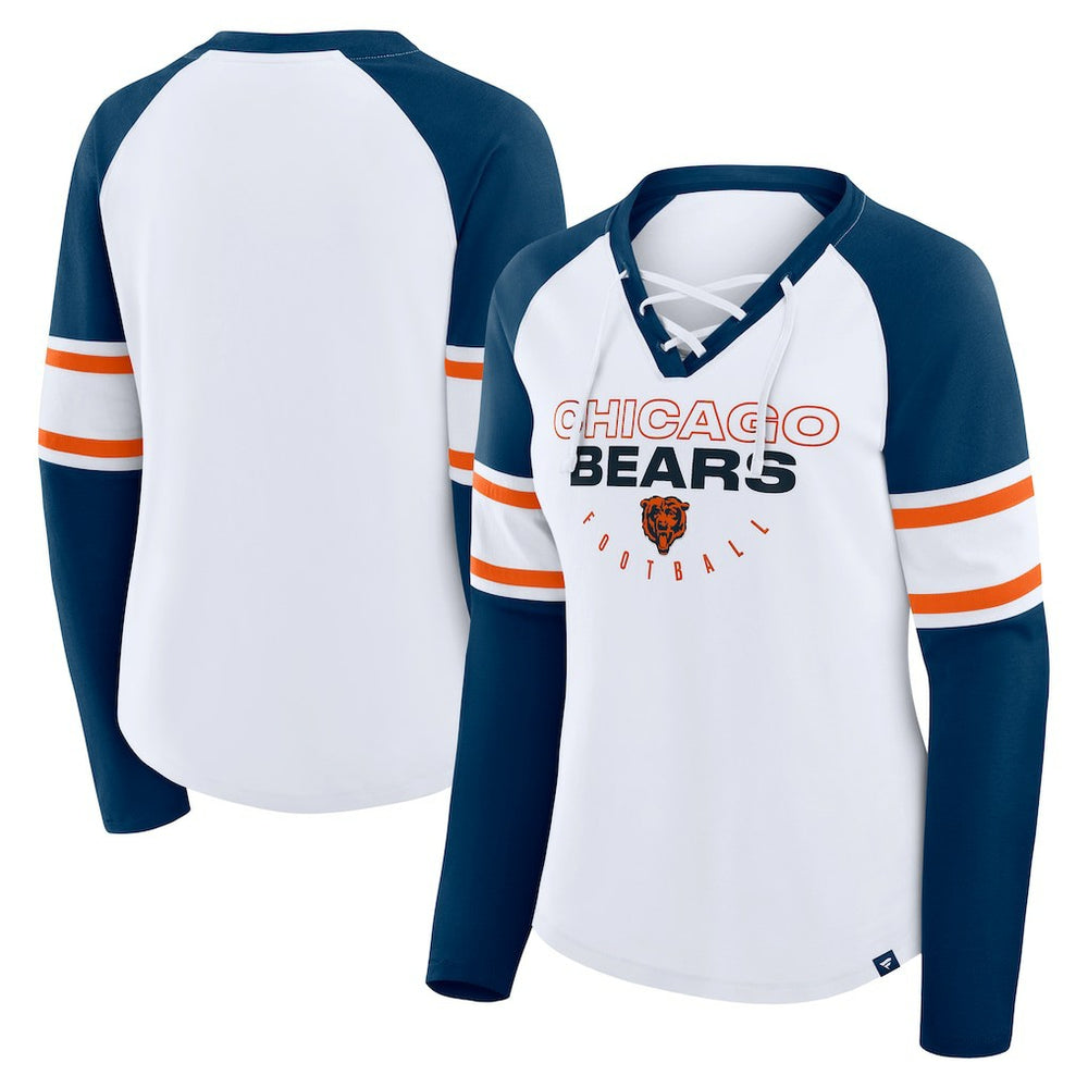 Fanatics Chicago Bears Women's Redzone Blitz Package Raglan Lace-Up V-Neck Long Sleeve T-Shirt White/Navy