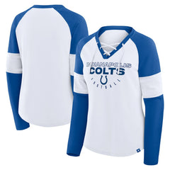 Fanatics Indianapolis Colts Women's Redzone Blitz Package Raglan Lace-Up V-Neck Long Sleeve T-Shirt White/Royal