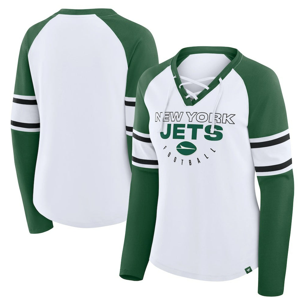 Fanatics New York Jets Women's Redzone Blitz Package Raglan Lace-Up V-Neck Long Sleeve T-Shirt White/Green