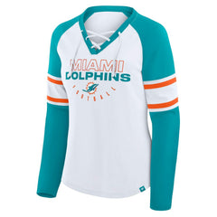 Fanatics Miami Dolphins Women's Redzone Blitz Package Raglan Lace-Up V-Neck Long Sleeve T-Shirt White/Aqua