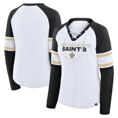 Fanatics New Orleans Saints Women's Redzone Blitz Package Raglan Lace-Up V-Neck Long Sleeve T-Shirt White/Black