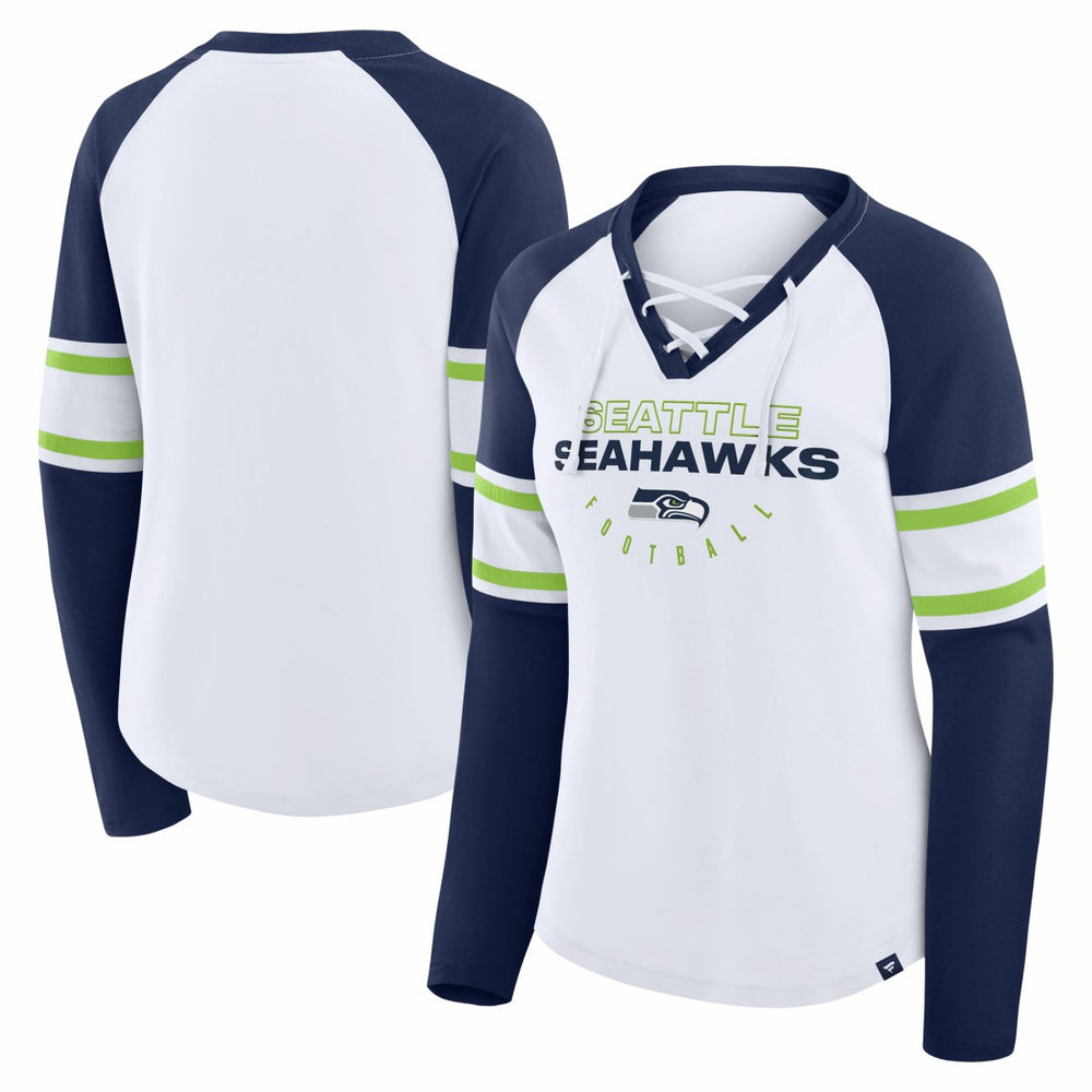 Fanatics Seattle Seahawks Women's Redzone Blitz Package Raglan Lace-Up V-Neck Long Sleeve T-Shirt White/College Navy