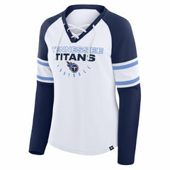 Fanatics Tennessee Titans Women's Redzone Blitz Package Raglan Lace-Up V-Neck Long Sleeve T-Shirt White/Navy