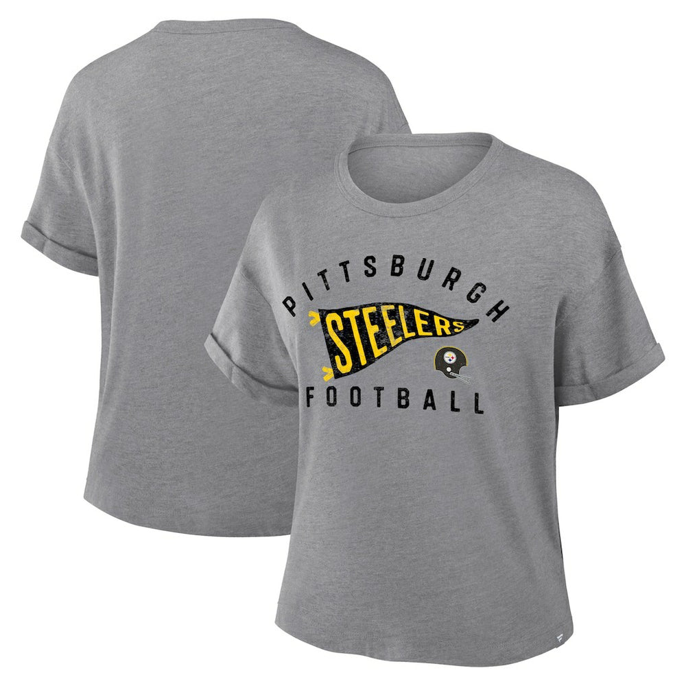 Fanatics Pittsburgh Steelers Women's Pennant Wave Tribute Tri-Blend Boxy T-Shirt Heather Gray