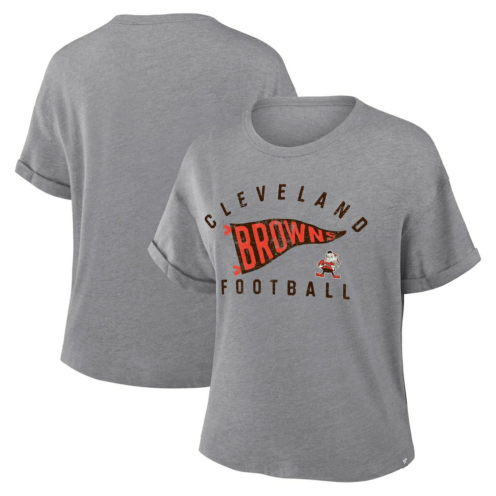 Fanatics Cleveland Browns Women's Pennant Wave Tribute Tri-Blend Boxy T-Shirt Heather Gray