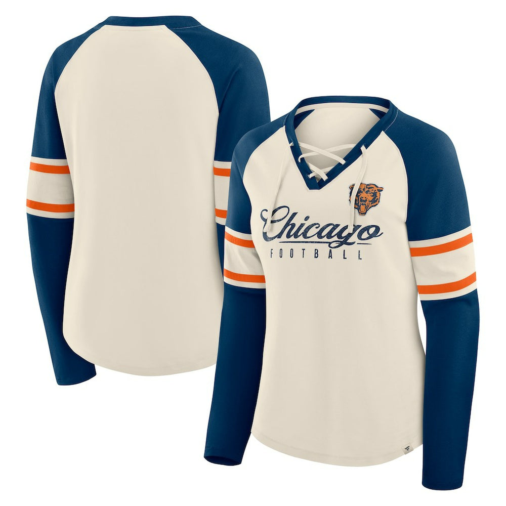 Fanatics Chicago Bears Women's Hometown Gridiron Hero Raglan Lace-Up V-Neck Long Sleeve T-Shirt Cream/Navy