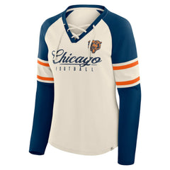 Fanatics Chicago Bears Women's Hometown Gridiron Hero Raglan Lace-Up V-Neck Long Sleeve T-Shirt Cream/Navy