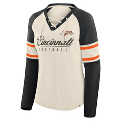 Fanatics Cincinnati Bengals Women's Hometown Gridiron Hero Raglan Lace-Up V-Neck Long Sleeve T-Shirt Cream/Black