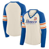Fanatics Denver Broncos Women's Hometown Gridiron Hero Raglan Lace-Up V-Neck Long Sleeve T-Shirt Cream/Royal
