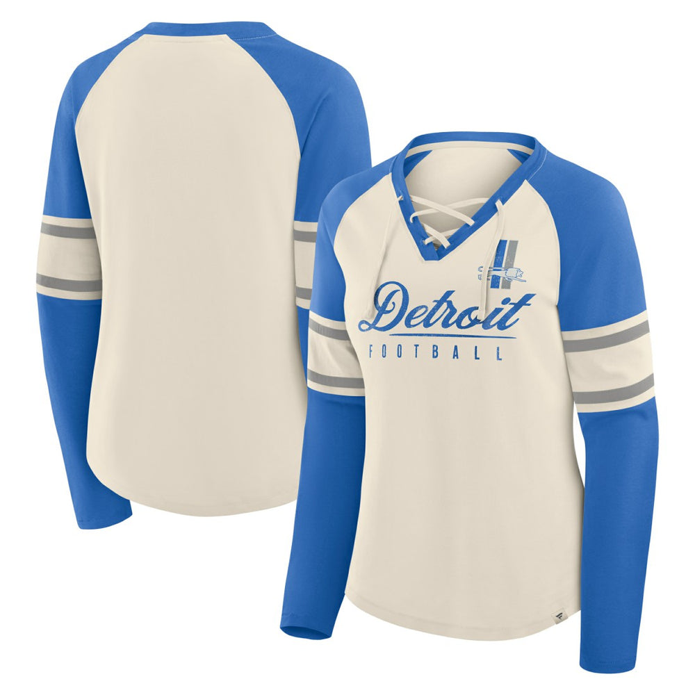 Fanatics Detroit Lions Women's Hometown Gridiron Hero Raglan Lace-Up V-Neck Long Sleeve T-Shirt Cream/Blue