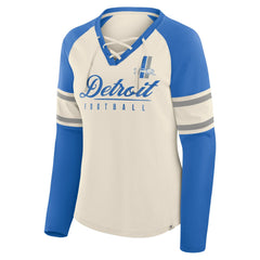 Fanatics Detroit Lions Women's Hometown Gridiron Hero Raglan Lace-Up V-Neck Long Sleeve T-Shirt Cream/Blue