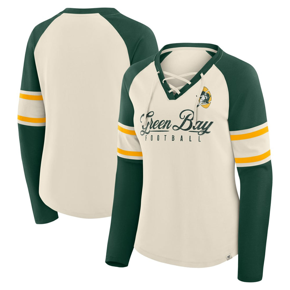 Fanatics Green Bay Packers Women's Hometown Gridiron Hero Raglan Lace-Up V-Neck Long Sleeve T-Shirt Cream/Green
