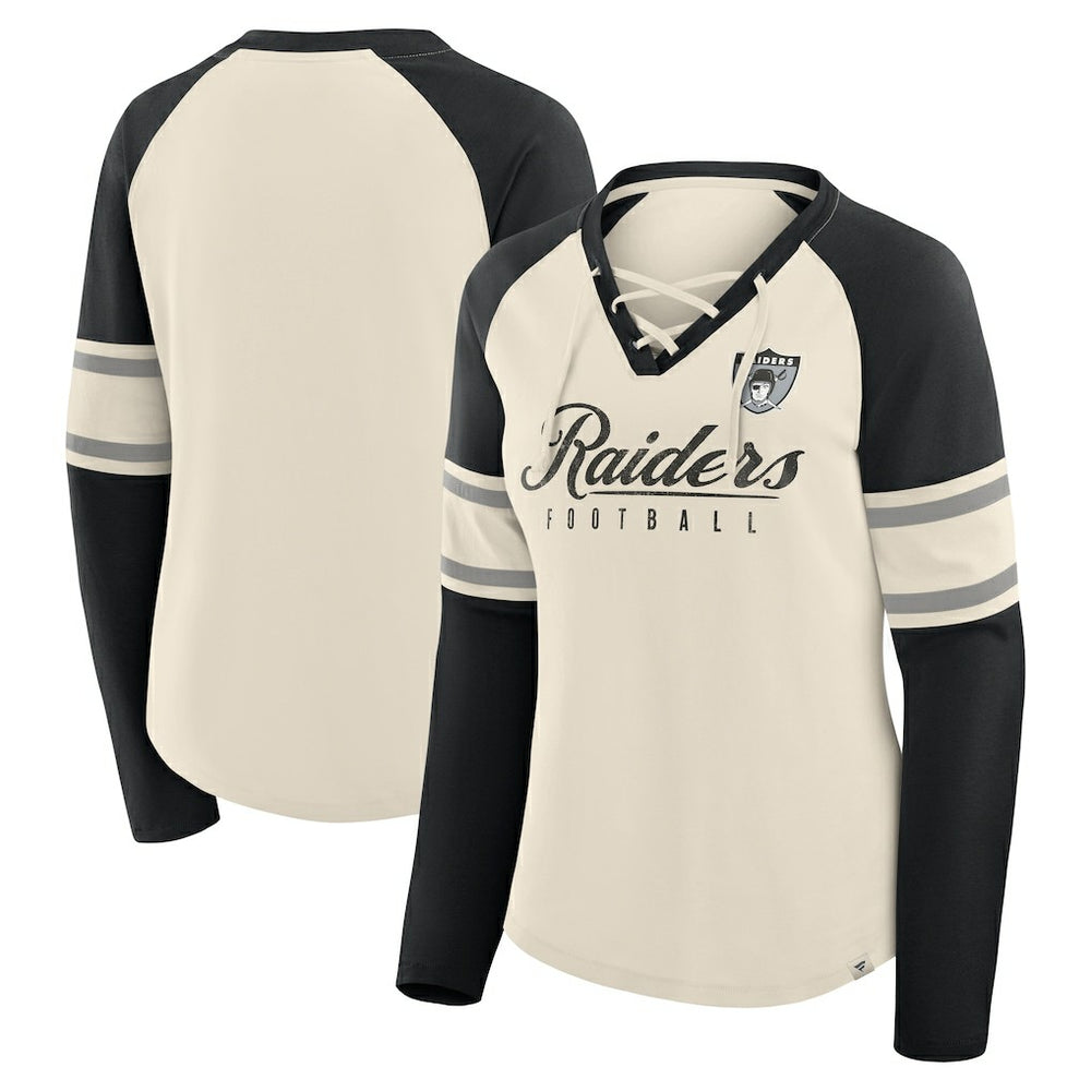 Fanatics Las Vegas Raiders Women's Hometown Gridiron Hero Raglan Lace-Up V-Neck Long Sleeve T-Shirt Cream/Black
