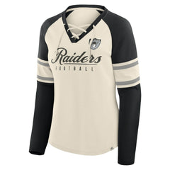 Fanatics Las Vegas Raiders Women's Hometown Gridiron Hero Raglan Lace-Up V-Neck Long Sleeve T-Shirt Cream/Black