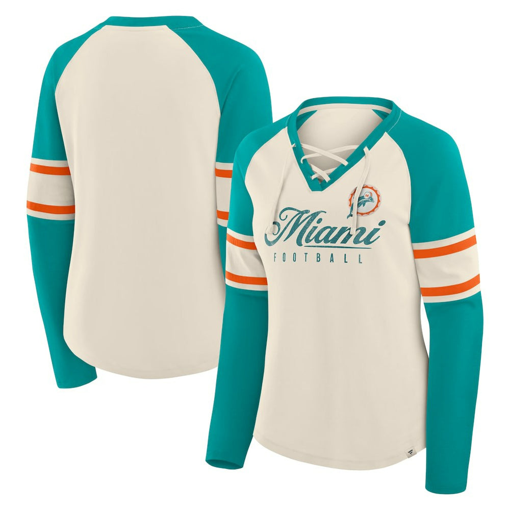 Fanatics Miami Dolphins Women's Hometown Gridiron Hero Raglan Lace-Up V-Neck Long Sleeve T-Shirt Cream/Aqua
