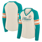 Fanatics Miami Dolphins Women's Hometown Gridiron Hero Raglan Lace-Up V-Neck Long Sleeve T-Shirt Cream/Aqua