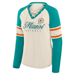 Fanatics Miami Dolphins Women's Hometown Gridiron Hero Raglan Lace-Up V-Neck Long Sleeve T-Shirt Cream/Aqua