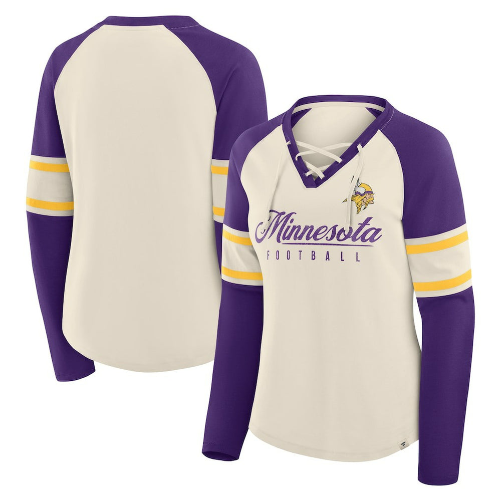 Fanatics Minnesota Vikings Women's Hometown Gridiron Hero Raglan Lace-Up V-Neck Long Sleeve T-Shirt Cream/Purple