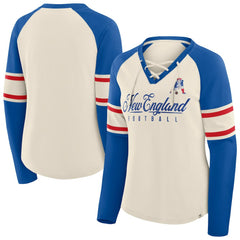 Fanatics New England Patriots Women's Hometown Gridiron Hero Raglan Lace-Up V-Neck Long Sleeve T-Shirt Cream/Royal
