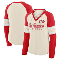 Fanatics San Francisco 49ers Women's Hometown Gridiron Hero Raglan Lace-Up V-Neck Long Sleeve T-Shirt Cream/Scarlet