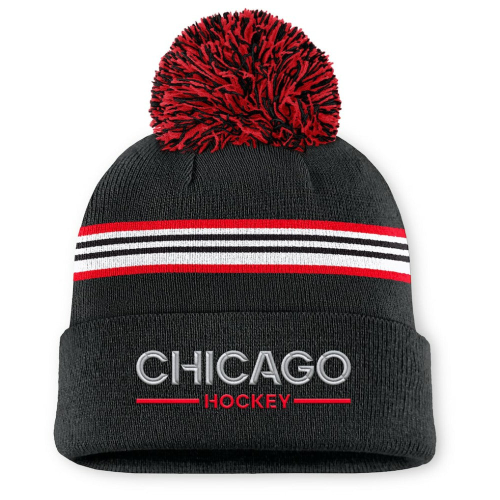 Chicago Blackhawks Fanatics Women's Authentic Pro Rink Cuffed Knit Hat with Pom - Black - NHL 202499226