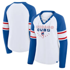 Chicago Cubs Fanatics Women's Blitz Package Raglan Lace-Up V-Neck Long Sleeve T-Shirt - White/Royal - Fanatics Online