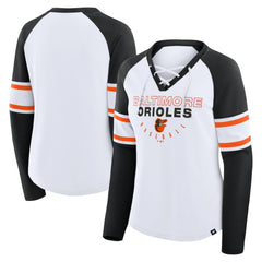 Baltimore Orioles Fanatics Women's Blitz Package Raglan Lace-Up V-Neck Long Sleeve T-Shirt - White/Black - Fanatics Discount