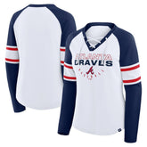 Atlanta Braves Fanatics Women's Blitz Package Raglan Lace-Up V-Neck Long Sleeve T-Shirt - White/Navy - Fanatics Discount