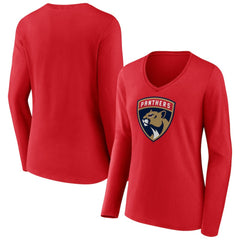 Florida Panthers Women's Primary Logo Long Sleeve V-Neck T-Shirt - Red - NHL 202545483